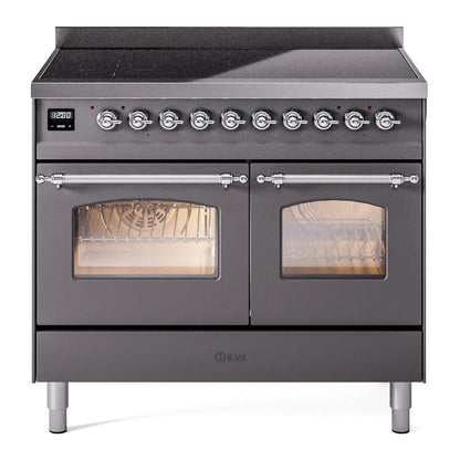 ILVE Nostalgie II 40-Inch Induction Range with 6 Induction Elements, 4.3 cu. ft. Oven, Graphite Matte with Chrome Trim, Triple Glass Door, UPDI406NMPMGC