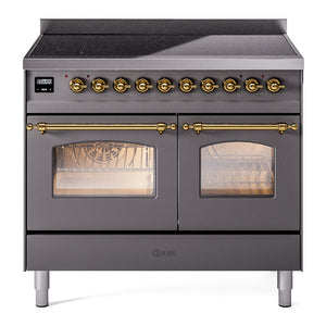 ILVE Nostalgie II 40-Inch Induction Range with 6 Induction Elements, 4.3 cu. ft. Oven, Graphite Matte with Brass Trim, Triple Glass Door, UPDI406NMPMGG