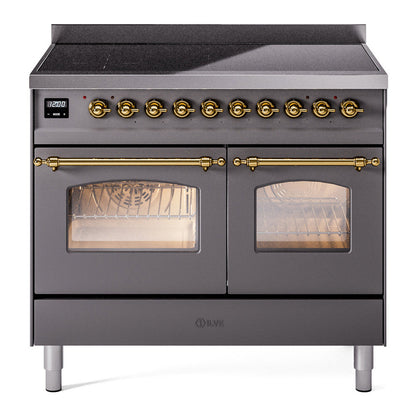 ILVE Nostalgie II 40-Inch Induction Range with 6 Induction Elements, 4.3 cu. ft. Oven, Graphite Matte with Brass Trim, Triple Glass Door, UPDI406NMPMGG