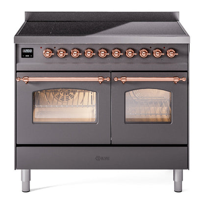 ILVE Nostalgie II 40-Inch Induction Range with 6 Induction Elements, 4.3 cu. ft. Oven, Graphite Matte with Copper Trim, Triple Glass Door, UPDI406NMPMGP