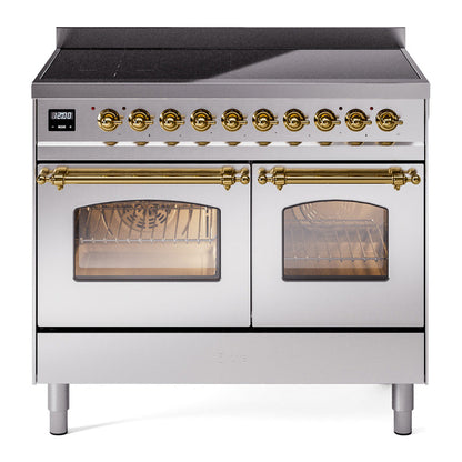 ILVE Nostalgie II 40-Inch Induction Range with 6 Induction Elements, 4.3 cu. ft. Oven, Stainless Steel with Brass Trim, Triple Glass Door, UPDI406NMPSSG