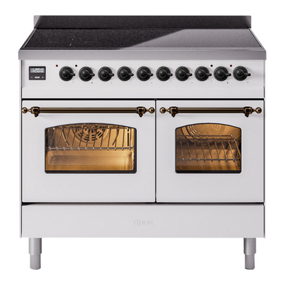 ILVE Nostalgie II 40-Inch Induction Range with 6 Induction Elements, 4.3 cu. ft. Oven, White with Burnished Trim, Triple Glass Door, UPDI406NMPWHB