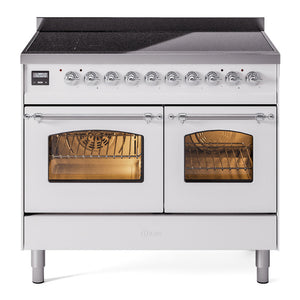 ILVE Nostalgie II 40-Inch Induction Range with 6 Induction Elements, 4.3 cu. ft. Oven, White with Chrome Trim, Triple Glass Door, UPDI406NMPWHC