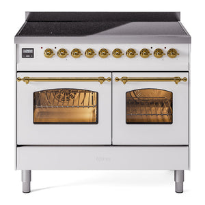 ILVE Nostalgie II 40-Inch Induction Range with 6 Induction Elements, 4.3 cu. ft. Oven, White with Brass Trim, Triple Glass Door, UPDI406NMPWHG