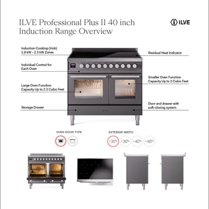 ILVE Professional Plus II 40-Inch Induction Range with 6 Induction Elements, 4.3 cu. ft. Oven, Graphite Matte, Solid Door, UPDI406QMPMG