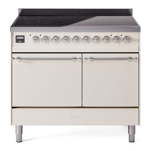 ILVE Nostalgie II 40-Inch Induction Range with 6 Induction Elements, 4.3 cu. ft. Oven, Antique White with Chrome Trim, Solid Door, UPDI406QNMPAWC