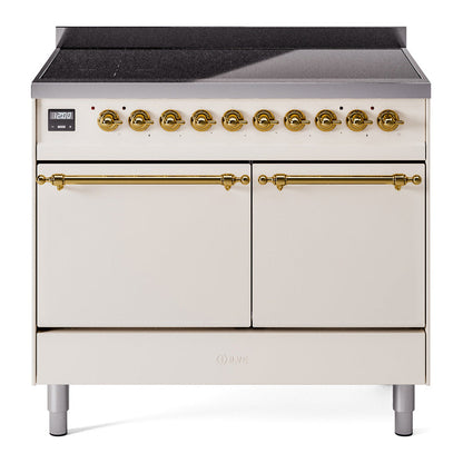 ILVE Nostalgie II 40-Inch Induction Range with 6 Induction Elements, 4.3 cu. ft. Oven, Antique White with Brass Trim, Solid Door, UPDI406QNMPAWG