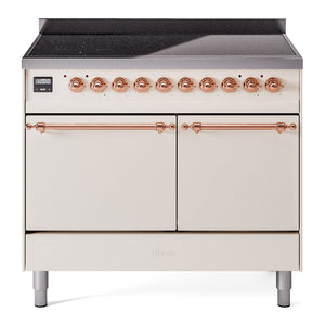 ILVE Nostalgie II 40-Inch Induction Range with 6 Induction Elements, 4.3 cu. ft. Oven, Antique White with Copper Trim, Solid Door, UPDI406QNMPAWP