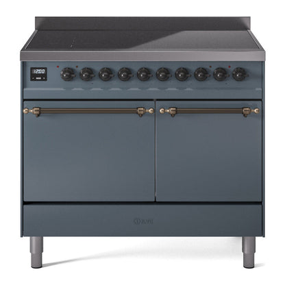 ILVE Nostalgie II 40-Inch Induction Range with 6 Induction Elements, 4.3 cu. ft. Oven, Blue Grey with Burnished Trim, Solid Door, UPDI406QNMPBGB