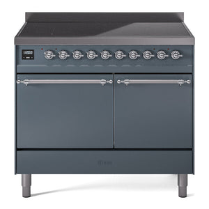 ILVE Nostalgie II 40-Inch Induction Range with 6 Induction Elements, 4.3 cu. ft. Oven, Blue Grey with Chrome Trim, Solid Door, UPDI406QNMPBGC