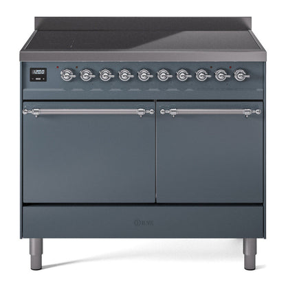 ILVE Nostalgie II 40-Inch Induction Range with 6 Induction Elements, 4.3 cu. ft. Oven, Blue Grey with Chrome Trim, Solid Door, UPDI406QNMPBGC