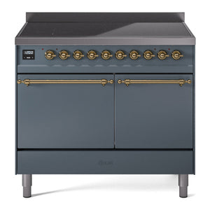 ILVE Nostalgie II 40-Inch Induction Range with 6 Induction Elements, 4.3 cu. ft. Oven, Blue Grey with Brass Trim, Solid Door, UPDI406QNMPBGG