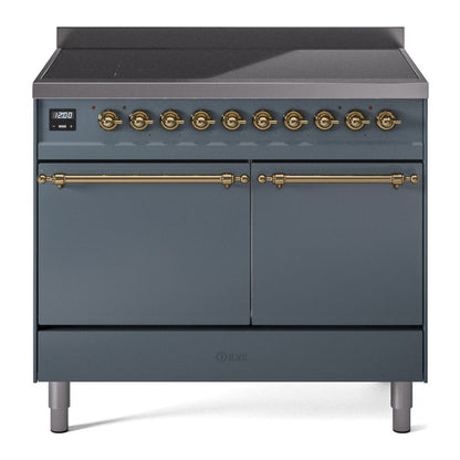 ILVE Nostalgie II 40-Inch Induction Range with 6 Induction Elements, 4.3 cu. ft. Oven, Blue Grey with Brass Trim, Solid Door, UPDI406QNMPBGG