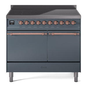 ILVE Nostalgie II 40-Inch Induction Range with 6 Induction Elements, 4.3 cu. ft. Oven, Blue Grey with Copper Trim, Solid Door, UPDI406QNMPBGP