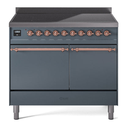 ILVE Nostalgie II 40-Inch Induction Range with 6 Induction Elements, 4.3 cu. ft. Oven, Blue Grey with Copper Trim, Solid Door, UPDI406QNMPBGP