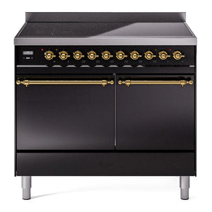 ILVE Nostalgie II 40-Inch Induction Range with 6 Induction Elements, 4.3 cu. ft. Oven, Glossy Black with Brass Trim, Solid Door, UPDI406QNMPBKG