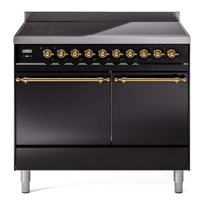 ILVE Nostalgie II 40-Inch Induction Range with 6 Induction Elements, 4.3 cu. ft. Oven, Glossy Black with Brass Trim, Solid Door, UPDI406QNMPBKG