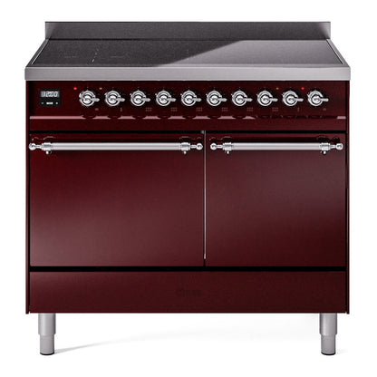 ILVE Nostalgie II 40-Inch Induction Range with 6 Induction Elements, 4.3 cu. ft. Oven, Burgundy with Chrome Trim, Solid Door, UPDI406QNMPBUC