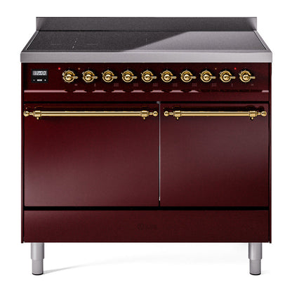 ILVE Nostalgie II 40-Inch Induction Range with 6 Induction Elements, 4.3 cu. ft. Oven, Burgundy with Brass Trim, Solid Door, UPDI406QNMPBUG