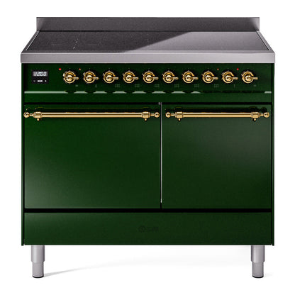 ILVE Nostalgie II 40-Inch Induction Range with 6 Induction Elements, 4.3 cu. ft. Oven, Emerald Green with Brass Trim, Solid Door, UPDI406QNMPEGG