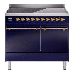 ILVE Nostalgie II 40-Inch Induction Range with 6 Induction Elements, 4.3 cu. ft. Oven, Midnight Blue with Brass Trim, Solid Door, UPDI406QNMPMBG