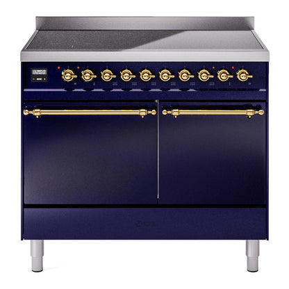 ILVE Nostalgie II 40-Inch Induction Range with 6 Induction Elements, 4.3 cu. ft. Oven, Midnight Blue with Brass Trim, Solid Door, UPDI406QNMPMBG