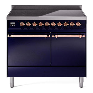 ILVE Nostalgie II 40-Inch Induction Range with 6 Induction Elements, 4.3 cu. ft. Oven, Midnight Blue with Copper Trim, Solid Door, UPDI406QNMPMBP
