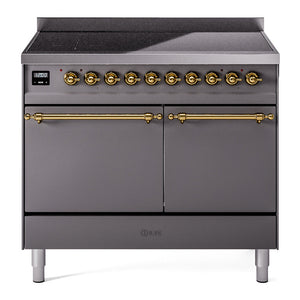 ILVE Nostalgie II 40-Inch Induction Range with 6 Induction Elements, 4.3 cu. ft. Oven, Graphite Matte with Brass Trim, Solid Door, UPDI406QNMPMGG