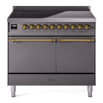ILVE Nostalgie II 40-Inch Induction Range with 6 Induction Elements, 4.3 cu. ft. Oven, Graphite Matte with Brass Trim, Solid Door, UPDI406QNMPMGG