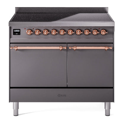 ILVE Nostalgie II 40-Inch Induction Range with 6 Induction Elements, 4.3 cu. ft. Oven, Graphite Matte with Copper Trim, Solid Door, UPDI406QNMPMGP