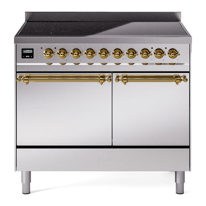 ILVE Nostalgie II 40-Inch Induction Range with 6 Induction Elements, 4.3 cu. ft. Oven, Stainless Steel with Brass Trim, Solid Door, UPDI406QNMPSSG