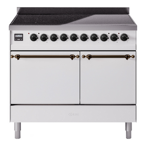 ILVE Nostalgie II 40-Inch Induction Range with 6 Induction Elements, 4.3 cu. ft. Oven, White with Burnished Trim, Solid Door, UPDI406QNMPWHB