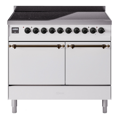 ILVE Nostalgie II 40-Inch Induction Range with 6 Induction Elements, 4.3 cu. ft. Oven, White with Burnished Trim, Solid Door, UPDI406QNMPWHB