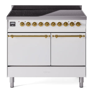 ILVE Nostalgie II 40-Inch Induction Range with 6 Induction Elements, 4.3 cu. ft. Oven, White with Brass Trim, Solid Door, UPDI406QNMPWHG