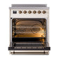 ILVE Nostalgie II 30-Inch Induction Range with 4 Induction Elements, 3.5 cu. ft. Oven, Antique White with Burnished Trim, Triple Glass Door, UPI304NMPAWB