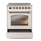 ILVE Nostalgie II 30-Inch Induction Range with 4 Induction Elements, 3.5 cu. ft. Oven, Antique White with Burnished Trim, Triple Glass Door, UPI304NMPAWB