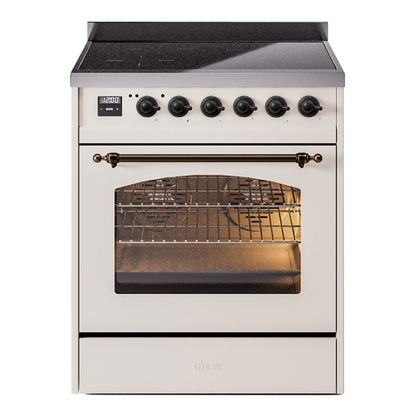 ILVE Nostalgie II 30-Inch Induction Range with 4 Induction Elements, 3.5 cu. ft. Oven, Antique White with Burnished Trim, Triple Glass Door, UPI304NMPAWB
