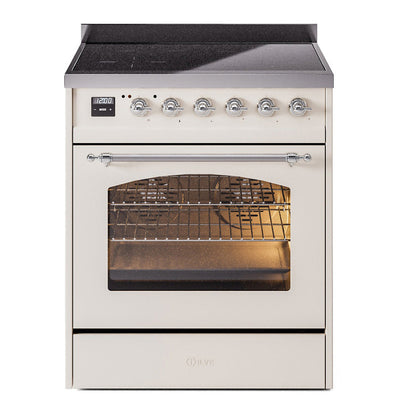 ILVE Nostalgie II 30-Inch Induction Range with 4 Induction Elements, 3.5 cu. ft. Oven, Antique White with Chrome Trim, Triple Glass Door, UPI304NMPAWC