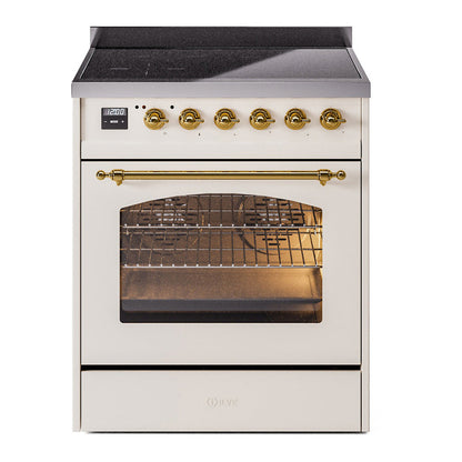 ILVE Nostalgie II 30-Inch Induction Range with 4 Induction Elements, 3.5 cu. ft. Oven, Antique White with Brass Trim, Triple Glass Door, UPI304NMPAWG