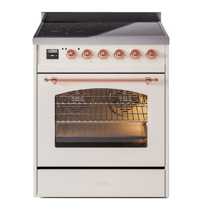 ILVE Nostalgie II 30-Inch Induction Range with 4 Induction Elements, 3.5 cu. ft. Oven, Antique White with Copper Trim, Triple Glass Door, UPI304NMPAWP