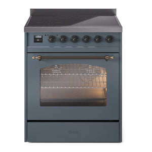 ILVE Nostalgie II 30-Inch Induction Range with 4 Induction Elements, 3.5 cu. ft. Oven, Blue Grey with Burnished Trim, Triple Glass Door, UPI304NMPBGB