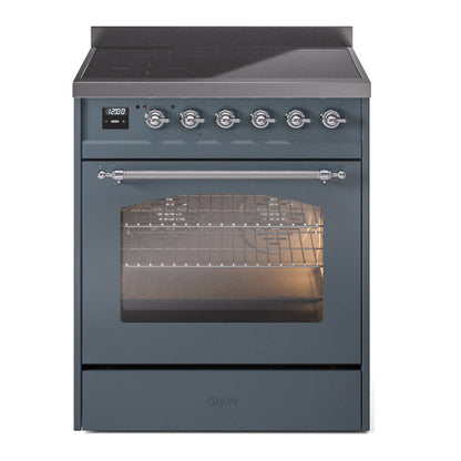ILVE Nostalgie II 30-Inch Induction Range with 4 Induction Elements, 3.5 cu. ft. Oven, Blue Grey with Chrome Trim, Triple Glass Door, UPI304NMPBGC