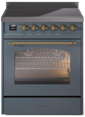 ILVE Nostalgie II 30" Induction Range with Element Stove and Electric Oven in Blue Grey with Brass Trim, UPI304NMPBGG