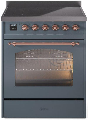 ILVE Nostalgie II 30" Induction Range with Element Stove and Electric Oven in Blue Grey with Copper Trim, UPI304NMPBGP