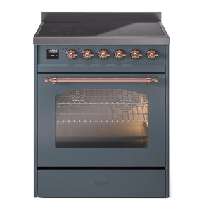 ILVE Nostalgie II 30-Inch Induction Range with 4 Induction Elements, 3.5 cu. ft. Oven, Blue Grey with Copper Trim, Triple Glass Door, UPI304NMPBGP