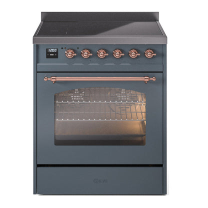 ILVE Nostalgie II 30-Inch Induction Range with 4 Induction Elements, 3.5 cu. ft. Oven, Blue Grey with Copper Trim, Triple Glass Door, UPI304NMPBGP