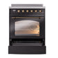 ILVE Nostalgie II 30-Inch Induction Range with 4 Induction Elements, 3.5 cu. ft. Oven, Glossy Black with Burnished Trim, Triple Glass Door, UPI304NMPBKB