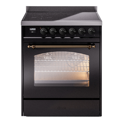 ILVE Nostalgie II 30-Inch Induction Range with 4 Induction Elements, 3.5 cu. ft. Oven, Glossy Black with Burnished Trim, Triple Glass Door, UPI304NMPBKB