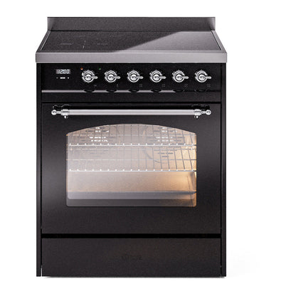 ILVE Nostalgie II 30-Inch Induction Range with 4 Induction Elements, 3.5 cu. ft. Oven, Glossy Black with Chrome Trim, Triple Glass Door, UPI304NMPBKC