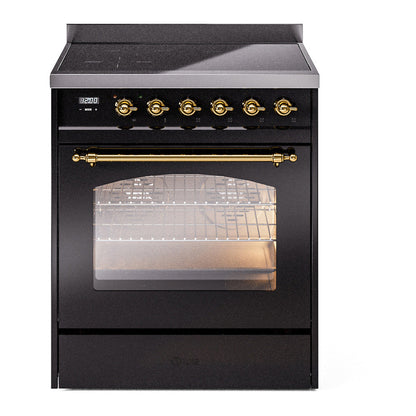 ILVE Nostalgie II 30-Inch Induction Range with 4 Induction Elements, 3.5 cu. ft. Oven, Glossy Black with Brass Trim, Triple Glass Door, UPI304NMPBKG